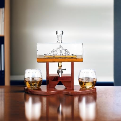 Whiskey Decanter Set, Liquor Dispenser for Home Bar, Crystal Glass - 1250ml Ship & 2 Whiskey Glasses Beautiful Stand, Gift for Dad, Husband or Boyfriend - The Wine Savant 100% Lead-Free The Wine Savant