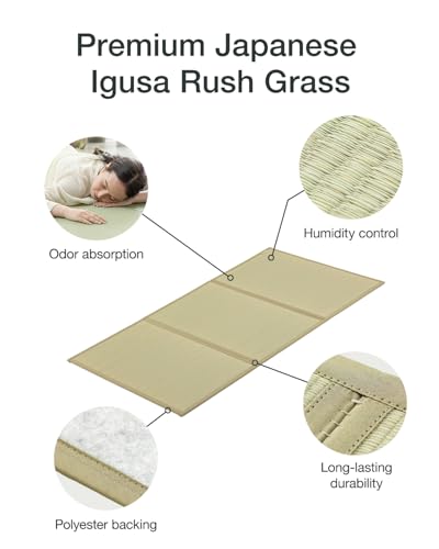 FULI Japanese Tatami Mattress, Tatami Rug, Igusa Mat (Japanese Rush Grass) Folds in Three, Made in Japan (Natural, Twin) FULI