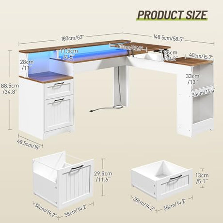 STHYTON Farmhouse 63" L Shaped Standing Desk, Corner Computer Desk with Drawers, Office Desk with File Drawers with RGB Lighting & Charging Station, Monitor Stand and Storage Shelves, White and Walnut STHYTON