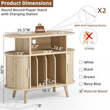 LELELINKY Large Round Record Player Stand with Charging Station & Fluted Display Shelf, Natural Mid Century Modern Turntable Cabinet with Vinyl Storage, Arched Wood Record Player Table for Living Room LELELINKY