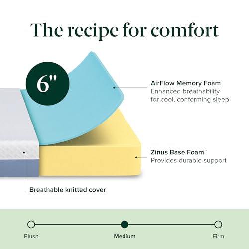 ZINUS 6 Inch Cooling Essential Memory Foam Mattress [New Version], Queen, Fiberglass Free, Medium Feel, Cooling Airflow Memory Foam, Certified Safe Foams & Fabric, Mattress in A Box Zinus
