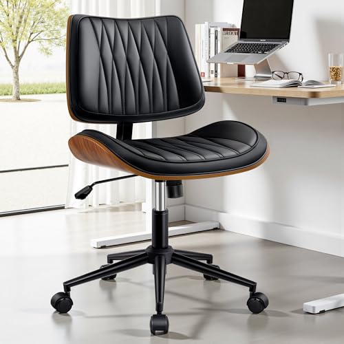 Ergonomic Armless Office Desk Chair - Mid-Century Modern Black Faux Leather with Diamond Stitch, Adjustable Height Swivel Rolling Task Computer Chair with Walnut Accent for Home Office, Study & Work fidom