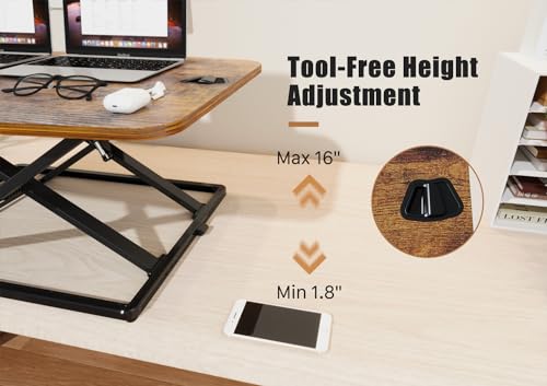 JOY worker Standing Desk Converter, 31 Inch Compact Height Adjustable Stand up Desk Riser, Ultra Low Profile Sit to Stand Table for Laptop Riser Workstation, Rustic Brown JOY worker