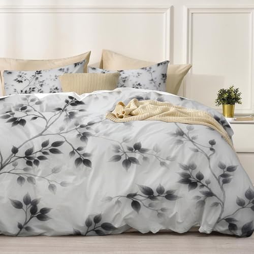 WIVCOMD Twin Duvet Cover Set - Leaves and Vines Soft Microfibre Bedding - Minimalist Ink Painting Bedding Quilt Cover Set with Pillow Cases, Black WIVCOMD