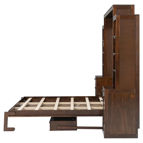XD Designs Farmhouse Wall Murphy Bed Queen Size with Desk & Drawers, Can be Folded Solid Wood Murphy Cabinet Bedframe with Cabinets & Bookshelf, Space-Saving Design (Espresso-K18) XD Designs
