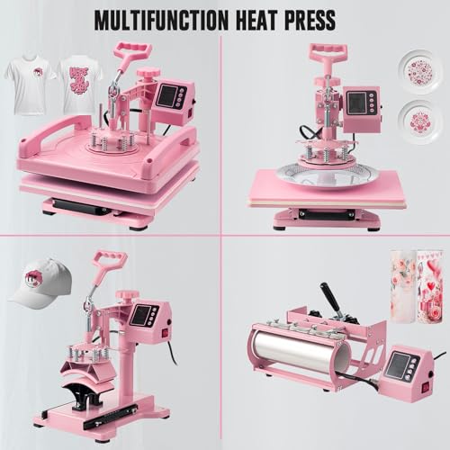 Leomru 5 in 1 Heat Press Machine 15x15 Inch, Heat Press Machine for T Shirts Hat Cap Mug Plate 360° Swing Away, Sublimation Heat Press Heat Transfer Machine W/ 30OZ Tumbler Press Pink Leomru