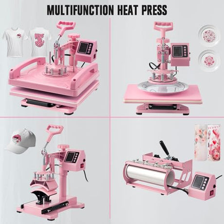 Leomru 5 in 1 Heat Press Machine 15x15 Inch, Heat Press Machine for T Shirts Hat Cap Mug Plate 360° Swing Away, Sublimation Heat Press Heat Transfer Machine W/ 30OZ Tumbler Press Pink Leomru