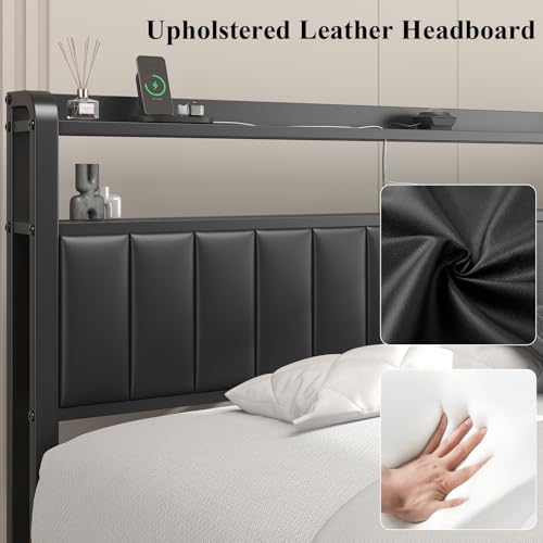 King Size Bed Frame with Star Projector & Charging Station, PU Leather Upholstered Platform with 2-Tier Storage Headboard & Storage Ottoman, Metal Support, Noise-Free, No Box Spring Needed, Black E-Motie