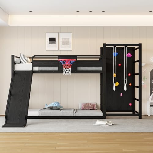 LUMISOL Twin Size Loft Bed with Slide, Basketball Hoop,Pull-up Rings and Climbing Wall, Heavy-Duty Metal Bunk Bed with Jungle Gym, Bookshelves for Kids, Boys, Girls, Black LUMISOL