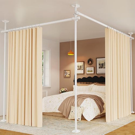 Goovilla Room Divider for Room Separation, Tension Curtain Rods No Drilling, 4-10ft(H) 28-114inch(W) Adjustable Temporary Privacy Wall Divider, Heavy Duty Freestanding Space Partition Separator, White Goovilla