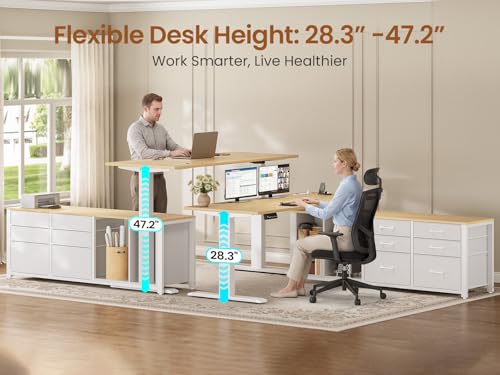 SEDETA L Shaped Electric Standing Desk, 55" x 55" Height Adjustable Office Executive Desk with 6 Fabric Drawers and Storage Shelves, Sit Stand Computer Desk with Power Outlet for Home Office (Oak) SEDETA