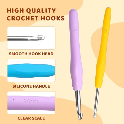 38 Pack Crochet Hooks Set, 13 Pcs 2mm(b)-10mm(n) Ergonomic Soft Grip Crochet Handles, Crochet Needle with Storage Case, for Arthritic Hands, Extra Long Knitting Needles Mayboos