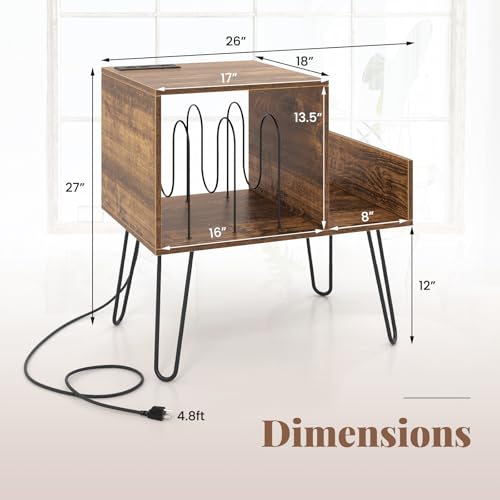 Giantex Record Player Stand with Charging Station, Turntable Stand with Vinyl Divider & Display Shelf, Mid-century Modern End Table Holds Up to 150 Albums, Vinyl Record Storage Cabinet for Living Room Giantex