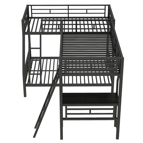 Merax Twin Over Full L-Shaped Bunk Bed with Loft & Desk, Triple Sleeper Metal Bunk Bed with Guardrails for Bedroom, Black Merax