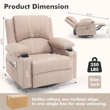 Comermax Faux Leather Swivel Rocker Recliner with Heat and Massage Cup Holders, Overstuffed Rocking Glider Chair Heated Massaging Reclining Chair,Beige Comermax