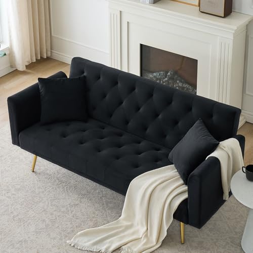 71" Modern Velvet Sofa Bed Futon, Convertible Sleeper Couch with Adjustable Backrest, Tufted Recliner Loveseat with Golden Chrome Legs & 2 Pillows for Small Spaces, Living Room, Apartment (Black) Generic