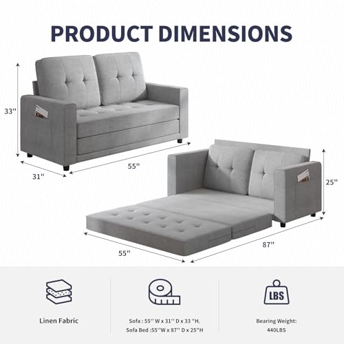 ZAFLY Modern 3-in-1 Convertible Sofa Bed, 84 Inch Tri-Fold Multi-Function Floor Sofa, Space-Saving Futon Couch Bed, Pull-Out Loveseat Sleeper, Ideal for Apartments, Dorms & Offices, Light Grey ZAFLY