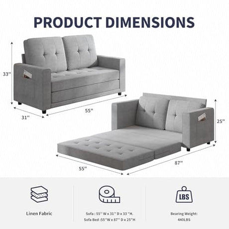 ZAFLY Modern 3-in-1 Convertible Sofa Bed, 84 Inch Tri-Fold Multi-Function Floor Sofa, Space-Saving Futon Couch Bed, Pull-Out Loveseat Sleeper, Ideal for Apartments, Dorms & Offices, Light Grey ZAFLY