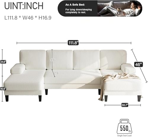 112'' Corduroy U Shaped Couch with Sleeper Lounge Chaise, 4 Seat Modern Comfy Sectional Sofa Couches for Living Room Spacious Space Apartment Office (112‘’ Corduroy White) ASAHREE