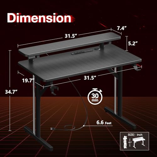 MOTPK Small Gaming Desk with LED Lights & Power Outlets, 31 Inch Computer Desk Gaming Table with Monitor Shelf, Gamer Desk with Carbon Fiber Texture, Kids Boys Desk Gift for Men MOTPK