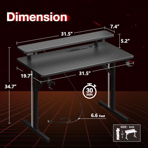 MOTPK Small Gaming Desk with LED Lights & Power Outlets, 31 Inch Computer Desk Gaming Table with Monitor Shelf, Gamer Desk with Carbon Fiber Texture, Kids Boys Desk Gift for Men - WoodArtSupply