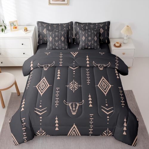 Erosebridal Bull Skull 7 Pcs Comforter Set Full Boho Bedding Ethnic Horns Bohemian Bed in A Bag Black Brown Tribal Symbol Mysterious Aztec Bedroom Decor Abstract Geometric Sheet Set for Men Boys Erosebridal