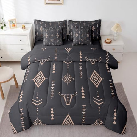 Erosebridal Bull Skull 7 Pcs Comforter Set Full Boho Bedding Ethnic Horns Bohemian Bed in A Bag Black Brown Tribal Symbol Mysterious Aztec Bedroom Decor Abstract Geometric Sheet Set for Men Boys Erosebridal