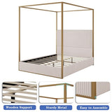 DGSPVCT Queen Size Metal Canopy Bed Frame, Upholstered Platform Bedframe with Tall Headboard and Four Poster, Modern Luxury Corduroy Low Profile Bed Frames, No Box Spring Needed/Minimalism, Beige Gold