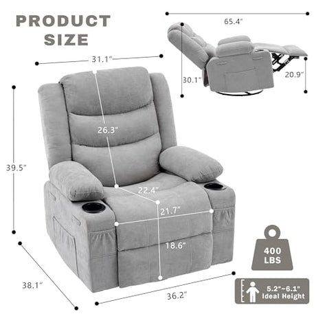 GAOHAPPY Swivel Rocker Recliner Chair, Manual Recliner Single Sofa with Cup Holders and Side Pocket, Chenille Fabric, Upholstered Nursery Rocking Chair for Living Room, Bedroom, Grey GAOHAPY