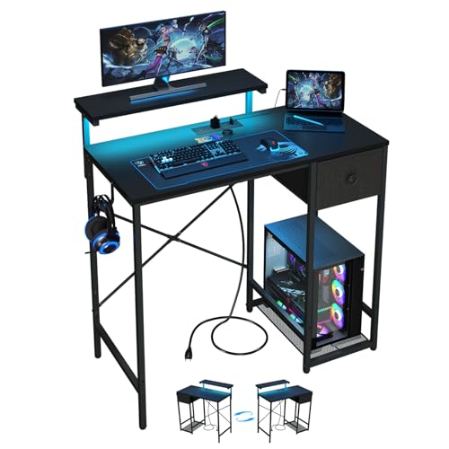 X-cosrack 33.5" Small Gaming Desk with LED Lights & Power Outlets, Compact Computer Desk with Monitor Stand & CPU Stand, Gamer Table with Storage Drawer, Side Hooks for Home Office, Bedroom, Black X-cosrack