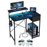 X-cosrack 33.5" Small Gaming Desk with LED Lights & Power Outlets, Compact Computer Desk with Monitor Stand & CPU Stand, Gamer Table with Storage Drawer, Side Hooks for Home Office, Bedroom, Black X-cosrack