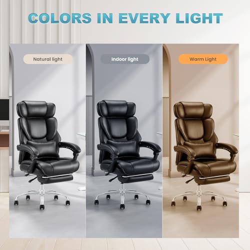 COLAMY Office Chair with Retractable Footrest, Ergonomic High Back Design Executive Computer Desk Chair with Removable Lumbar Pillow, 90-135°Reclining, Thick Bonded Leather for Home Office Work, Black COLAMY