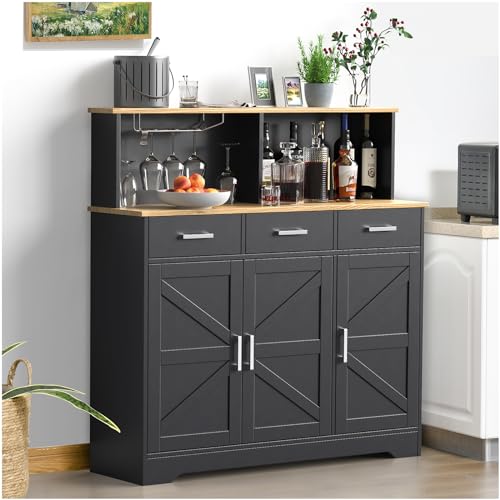 yacchi home Buffet Cabinet with Storage, 47" Large Double-Layer Sideboard Cabinet, Kitchen Cabinet with 3 Drawers and Movable Laminate, Durable Wood Coffee Bar Cabinet for Kitchen Dining Room - WoodArtSupply