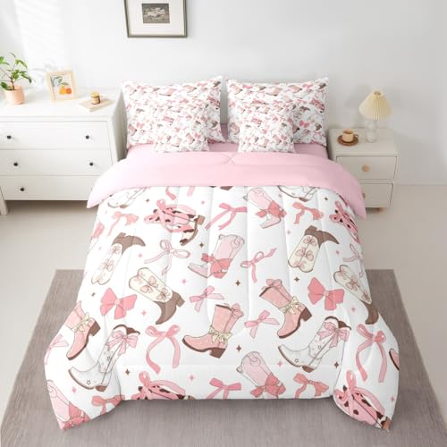 Pink Bow Comforter Set With Sheets Full Size,Kids Boys Girls Cute Bow Knot 7 Piece Bedding Set for Western Cowgirls Bed In A Bag,Dreamy Pink Sheet Set With Fitted Sheet,Pillowcases & Pillow Covers Erosebridal