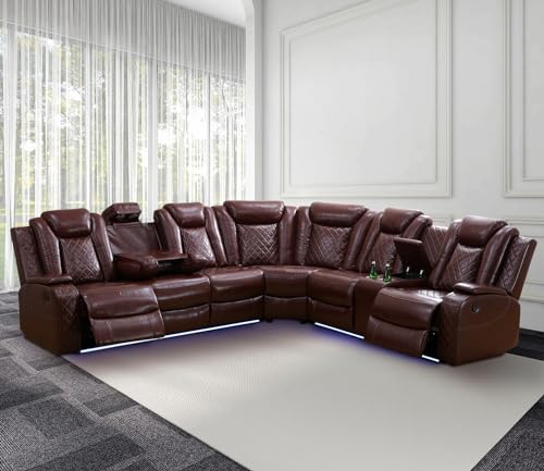 Caberryne Power Recliner Sofa Sectional Couch with LED Light for Living Room,Leather Reclining Corner Sectional Sofa with 2 Recliner Seats,Cup Holder,Storage Console for House/Home Theater, Wine