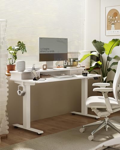 FEZIBO 55 x 24 Inch Height Adjustable Electric Standing Desk with Double Drawer, Stand up Home Office Computer Desk with 4 Height-Adjustable Feets & 2 Hooks, White FEZIBO