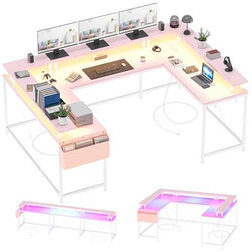 Loumernhant U Shaped Gaming Desk, 79" Reversible U Shaped Desk with Power Outlets, LED Lights, Monitor Stand & Storage Shelves, Corner Office Desk for Home Office, Gaming, Workstation (Pink) Loumernhant