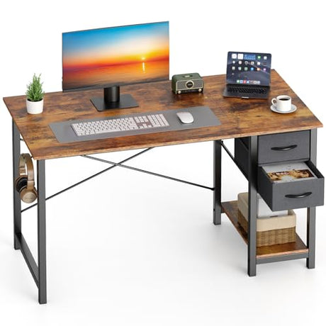 Sweetcrispy 40 Inch Computer Desk with Drawers for Home Office, Writing Desk with X-Shaped Reinforcement, Wood Table with Adjustable Position Drawers, Modern Study Work Table with Side Hook, Rust Sweetcrispy