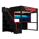 Merax Full Size Gaming Loft Bed with Desk, Wood Loft Bed Frame with LED Light, Charging Station, and Storage Staircase, for Kids, Teens, Boys Girls,Black Merax