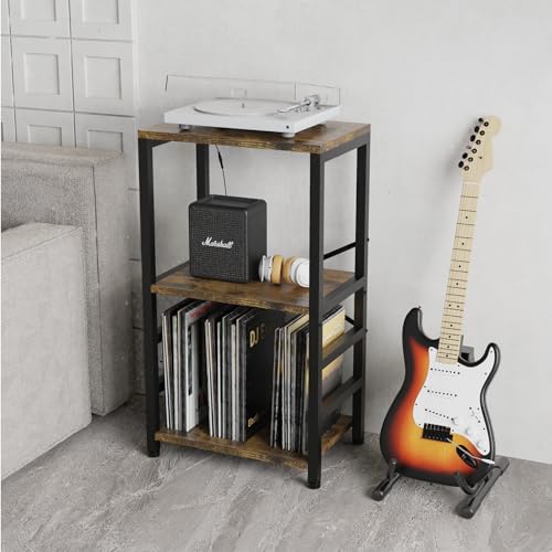 YAKANJ End Table with LED Light,Record Player Stand with Albums Storage,Vinyl Records Storage,Turntable Stand Side Table for Music Room Studio Living Room Bedroom-Retro YAKANJ