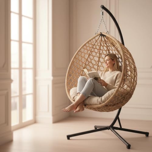 RUN.SE Hanging Egg Chair with Stand, Outdoor Indoor Egg Swing Chair with Cushion Headrest for Patio, Porch, Balcony, Bedroom, 350LBS Capacity (Dark Brown) RUN.SE