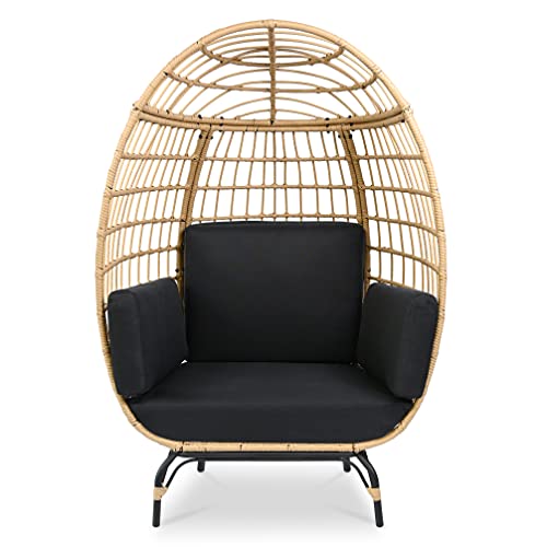 Jovial Wicker Rattan Egg Chair,Indoor Outdoor Black Sofa Chair for Patio Backyard and Living Room with 4 Cushions and Powder Coated Steel Frame,Woven Texture Contemporary Ribbed Back Design - WoodArtSupply