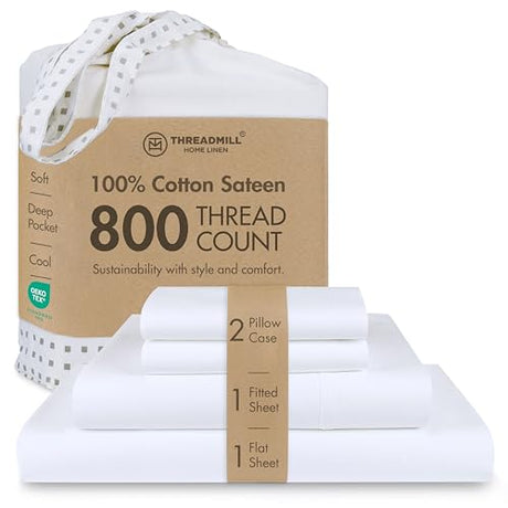 Threadmill Luxury 800 Thread Count 100% Cotton Sheets - Sateen Weave Twin XL Bed-Sheets, Better Than Egyptian Cotton,3 Pc Solid Bedding Set (Hotel White), Fits 15" Deep Pocket Threadmill
