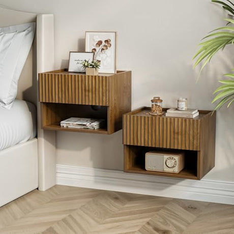 Floating Nightstand Bedroom Bedside Table - Floating Night Stand Set 2 for Small Spaces, Wall Mounted Cabinet with Storage Drawer, Brown Modern Night Stand for Dorm Hallway Entryway Lazzanto