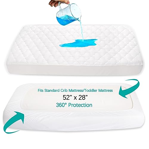 Crib Mattress Protector Sheets Fitted Waterproof Crib Mattress Pad Cover, Noiseless & Machine Wash 100% Absorbent Crib/Toddler Mattress Protector Sheet Quilted, White, 52" x 28" Biloban