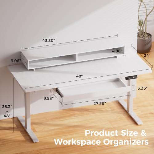 GTPLAYER Electric Standing Desk with Drawers, 48 x 24 Inch Height Adjustable Gaming Desk with Monitor Stand, Power Outlets & LED Lights, Home Office Sit Stand Up Desk with Memory Preset (White) GTPLAYER