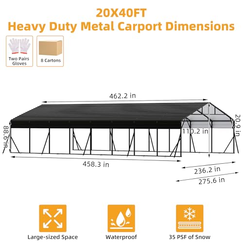 20x40 ft Metal Carport Kits with Galvanized Steel Roof, Heavy Duty Metal Roof Carport with Enhanced Base, TallMetal Carports Kits Garage for Tractors, Pickup, Boat, Car GarveeLife