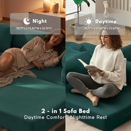 Alpen 77" Futon Sofa, Floor Foldable Sofa Couch Bed Queen with L-Shaped Armrests, Futon Bed with Mattress Included, Fold Out Comfy Lounge for Living Room Bedroom, Dark Green Alpen