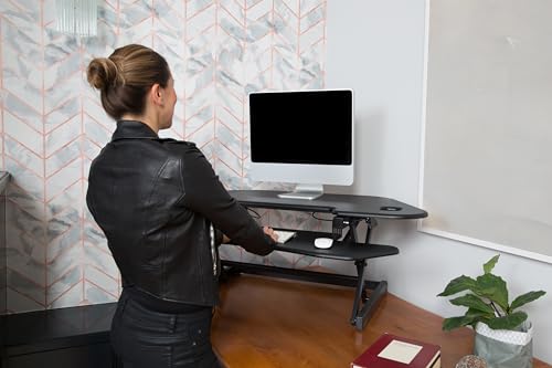 Rocelco 46" Height Adjustable Corner Standing Desk Converter - Quick Sit Stand Up Dual Monitor Riser - Gas Spring Assist Tabletop Computer Workstation - Large Keyboard Tray - Black (R CADRB-46) Rocelco