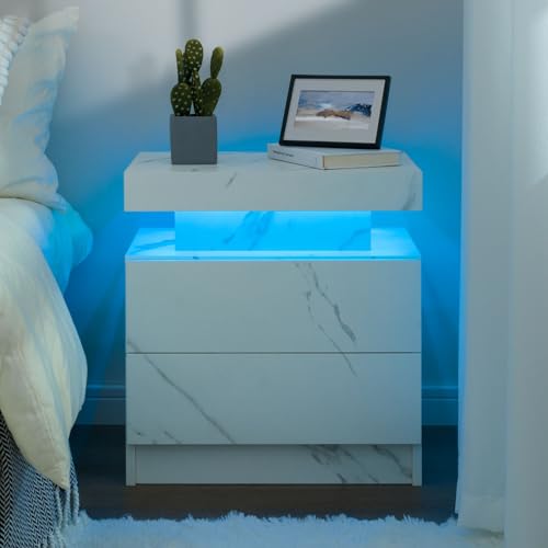 Generic Nightstand LED Bedside Table LED Cabinet LED Lights Modern End Side Table with 2 Drawers for Bedroom (White), 13D x 19W x 20H in (JCF02) - WoodArtSupply